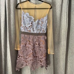 Self-Portrait Sheer Gold, Blue and Lavender Lace Dress